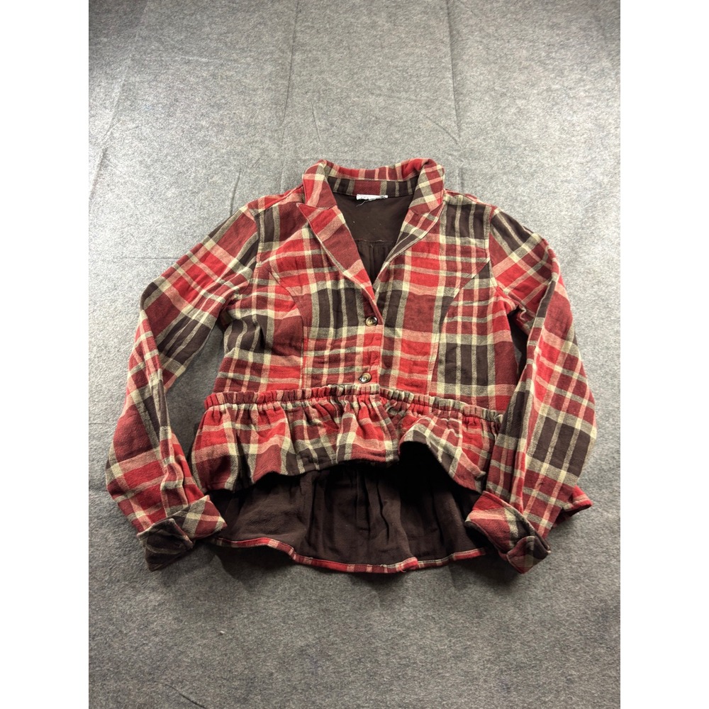 AEMI+CO Womens S Red Brown Plaid Peplum Jacket Rayon Linen Blend Cowgirl Preppy